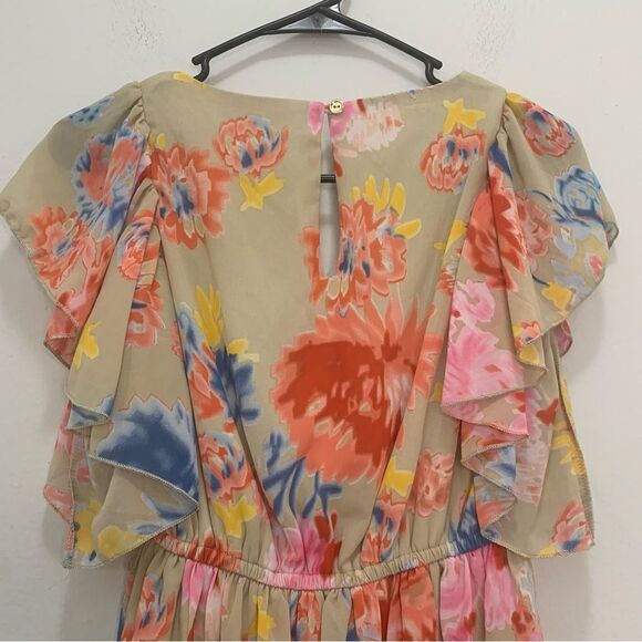 Margo and Sebastian Tan Floral Cap Sleeve Scoop Neck Mini Dress Size XS - Picture 4 of 7